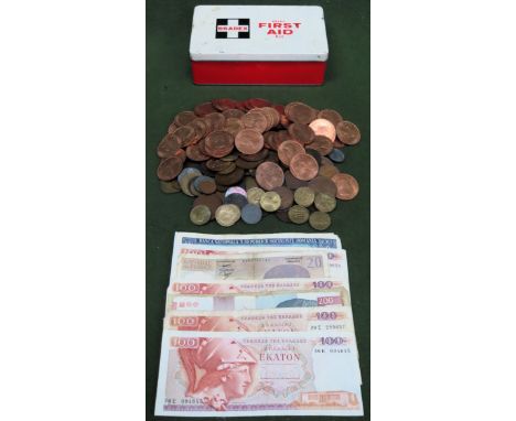 Quantity of various copper coloured coinage, vintage First Aid tin, plus foreign banknotes

all used unchecked 