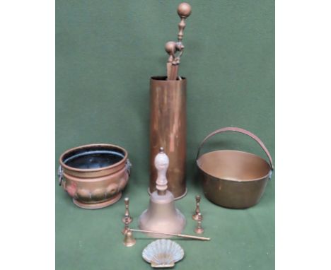 Various brassware Inc. Fire bell, candlesticks, jam pan, trench art shell case, fireside tools, etc

all used and unchecked m