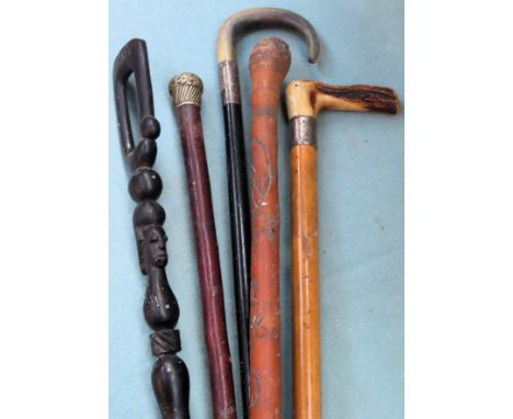 Two silver mounted horn handled walking sticks, African style ebonised stick, plus Oriental style bamboo stick

all used and 