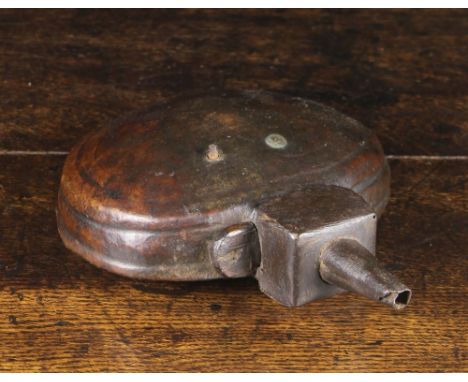 A 19th Century Leather Clad Afghan Jezail  Wooden Powder Flask. The lenticular body with iron suspension loops and an iron no