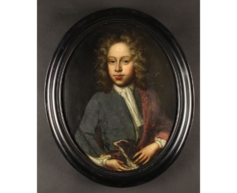 A Small Early 18th Century Style Oval Half Length Portrait of Young Gentleman with Spaniel at his side 12 ins x 9½ ins (30 cm