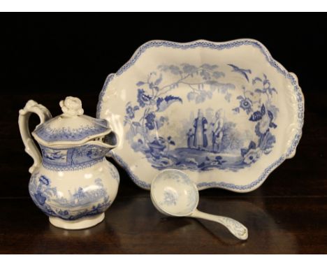 A 19th Century Pale Blue & White Transfer Printed Jug with moulded foliate handle and a lid surmounted by a floral knop, a sa