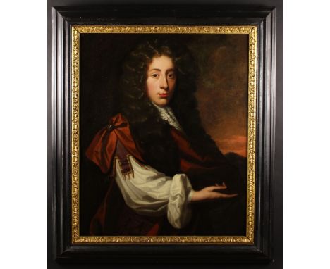 Circle of John Michael Wright (1617-1694). An Oil on Canvas: Half Length Portrait of a Young Gentleman sat in landscape. The 