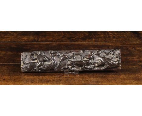 A Delightful 16th Century Relief Carved Oak Rail depicting a merman astride a dolphin strumming a lute, a mythical creature a