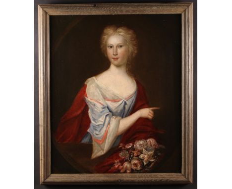 English Provincial School, Circa 1700. Oil on Canvas: Half Length Portrait of a fair-haired Lady painted in a feigned oval. T