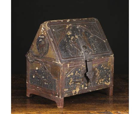 A Medieval Style Lacquered Casket of rectangular form with a deep apexed lid on iron 'calliper' hinges, a decorative hasp and