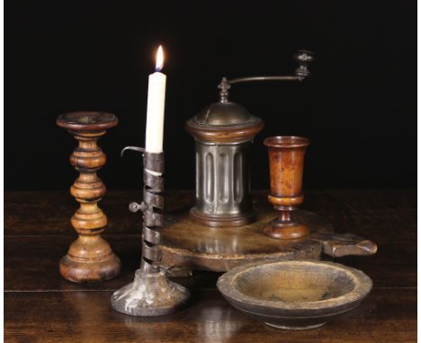 A Collection of 19th Century Treen: A turned goblet 5 ins (13 cms) in height, a turned pricket candlestick 8½ ins (22 cms) in