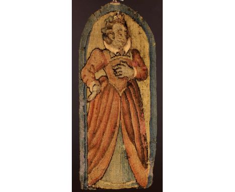 A Early 17th Century Tapestry Fragment Panel depicting a full length lady framed by an arched border, 23½ ins x 9½ ins (60 cm