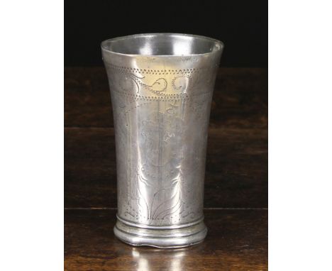 A Late 17th Century Polished Pewter Royal Commemorative Wriggle-work Beaker. The flared sides decorated with portrait busts o