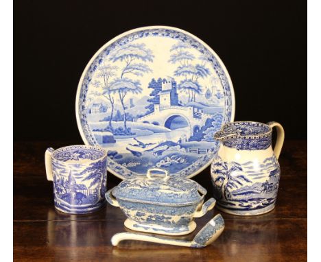 A 19th Century Blue & White Transfer Printed Willow Pattern lidded sauce tureen & ladle, a circular Spode tray dish with scen