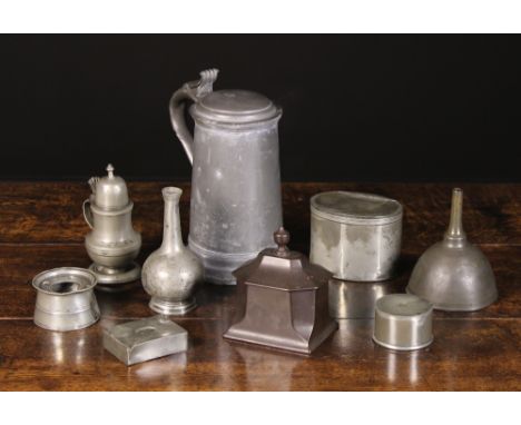 A Collection of 18th and 19th Century Pewter to include an oval tea caddy, a snuff box, a wine funnel, a large tankard, a sma