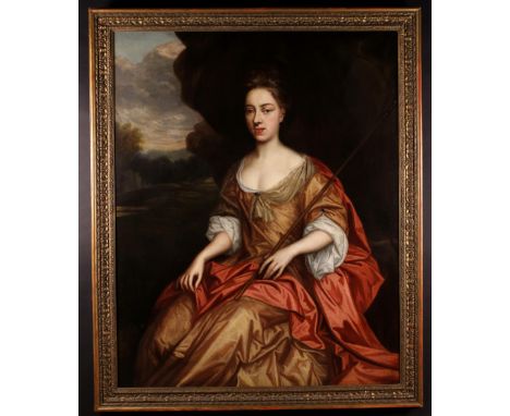 English School, Circa 1720. An Oil on Canvas: Three Quarter Length Portrait of an Eminent Lady depicted holding a staff, seat