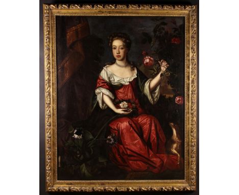Provincial School. A Late 17th Century Full Length Portrait of Seated Lady wearing a flowing red robe over a white blouse wit