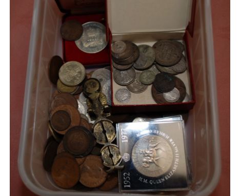 TUB OF MIXED COINS, FEW GB VICTORIAN SILVER, BRASS SOVEREIGN SCALES ETC. 