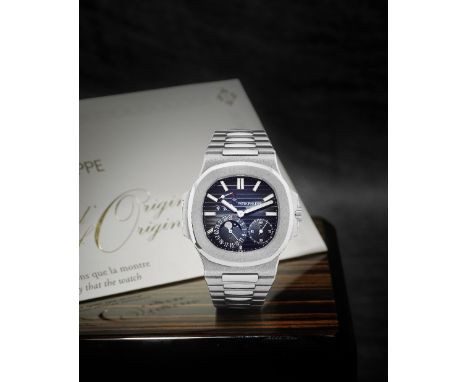 Patek Philippe. A fine and rare stainless steel automatic calendar bracelet watch with power reserve and moon phaseModel: Nau