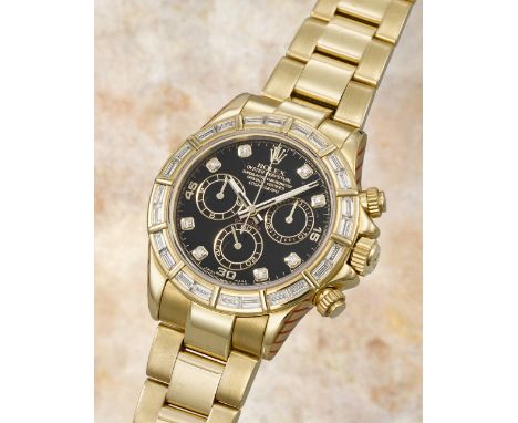 Rolex. A fine and rare recently serviced 18K gold diamond set automatic chronograph bracelet watchModel: Cosmograph DaytonaRe
