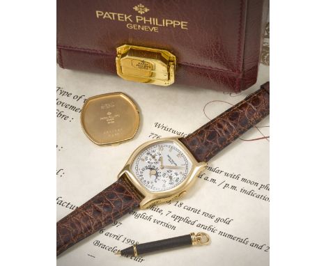 Patek Philippe. A fine and rare 18K rose gold automatic perpetual calendar wristwatch with moon phase and sigma dialReference