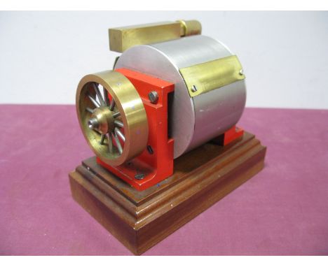 An Engineered Scale Model of an Early Steam Turbine, turbine body 6 x 9cm, outside brass flywheel 5.5cm - brass bright metal 