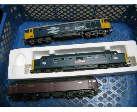 Three 'OO' Gauge/4mm Co-Co Diesel Locomotives, unboxed, Lima Class 50 BR blue "Rodney" R/ No 50021, good, Lima class 55 BR bl