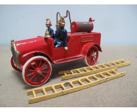 A Modern White Metal Model of an Early XX Century Fire Engine, with three crew.