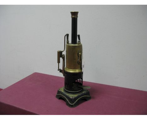 A Bing Vertical Live Steam Engine, copper boiler, sight glass, burner, 7cm flywheel, 10cm square base - overall height (plus 