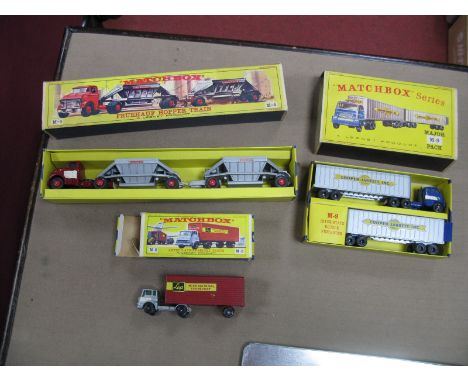 Three Original Matchbox Major Packs, No M-9 Inter state double freighter/M-2 articulated freight truck, M-4 Fruehaue hopper t