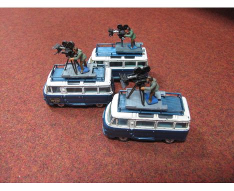 Three Original Commer Bus Film Vans, one with reproduction camera man, all playworn.