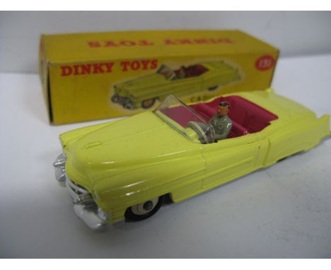 Dinky Toys No. 131 Cadillac Tourer, yellow body, cream hubs, overall very good plus, except chip to drivers head, boxed, stai