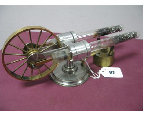 An Engineered L.A.G Stirling Thermo Acoustic Engine, twin "Pyrex" tubes with stainless steel mesh, twin 1" stroke pistons con