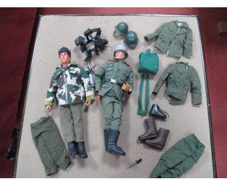 Two 1970's Action Man, one fixed eyes, with grip hands, one eagle eye. Plus a quantity of Quarter Masters Stores, including p