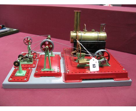 A Mamod SE3 Twin Cylinder Live Steam Engine, spring whistle type 2½" flywheel connected by centre rail to three Mamod accesso