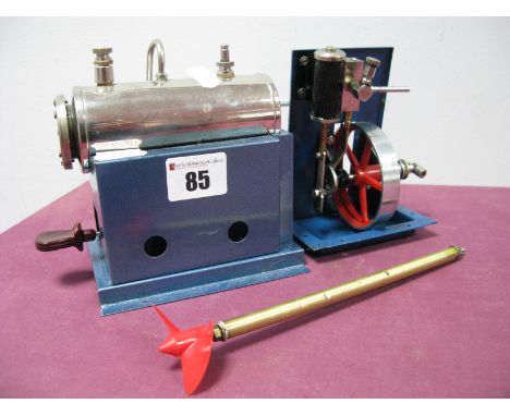 A Wilesco Ref D52 Marine Live Steam Engine, mirror polished boiler 45mm diameter, length 105mm connected to a vertical cylind