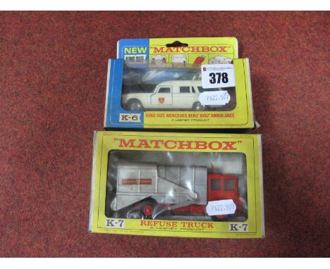 Two Matchbox Kingsize, No. K-7 Refuse Truck and No. K-6 'Mercedes Benz Ambulance, sticky number plates/fleet numbers applied,