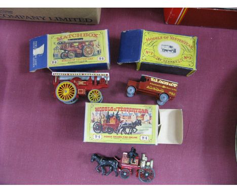 Three Early Matchbox Models of Yesteryear, No. Y-4 Horse Drawn Fire Engine, 'London Fire Brigade, No. Y-9 Showsmans Engine, N