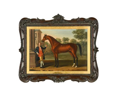 Babraham, a chestnut thoroughbred, held presumably by his then owner, Mr Benjamin Rogers of Mickleham, Surrey, standing besid