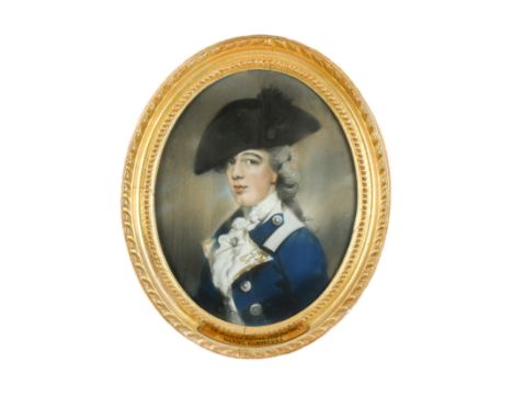 Portrait of Lieutenant General Jeaffreson of Dullingham (1761-1824) half-length, in blue with a tricorne hat pastel, oval 30 