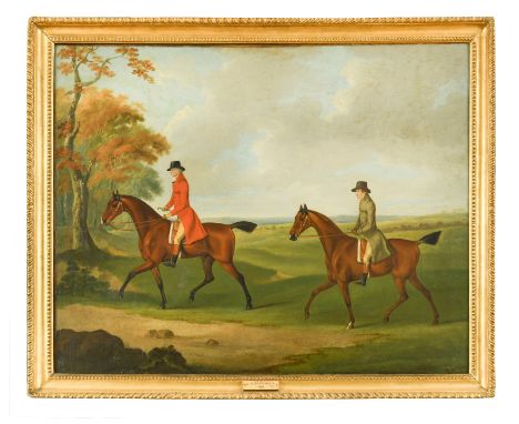 An Equestrian portrait of the 3rd Duke of Grafton (1735-1811) riding his hunter to covert, attended by his mounted groom, an 