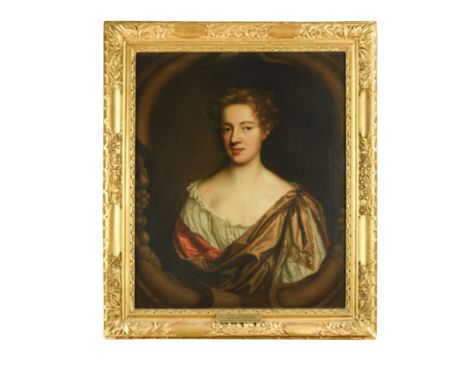 Portrait of a lady, presumed to be Sarah, wife of Charles Johnstone of Pontefract, head and shoulders, in white with red-line