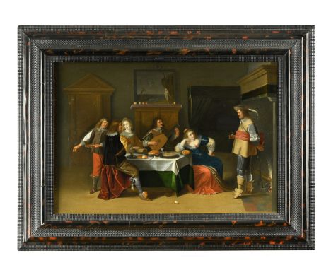 An Elegant company making merry in an interior oil on panel, painted on the reverse of a panel, possibly a firescreen decorat