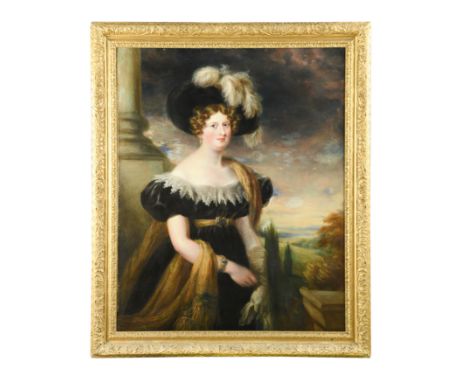 Portrait of Hannah Fountaine (d. 1830) standing three-quarter length, in black, beside a column oil on canvas, in a period ca