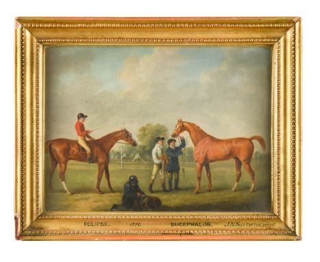 Eclipse and Bucephalus with jockeys about to race at Newmarket in 1770, signed lower left 'J N Sartorius', oil on card 15 x 2