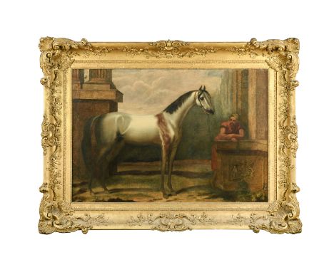 The Bloody Shouldered Arabian, with an Arab attendant, within classical architecture, a landscape beyond oil on canvas 82 x 1