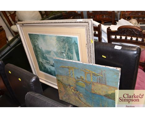 An unframed oil on canvas depicting an unusual swing bridge with figures; and a coloured print after Constable