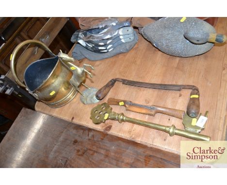 A large brass key; two spoke shaves; a brass coal scuttle; and a brass model of a rearing horse 