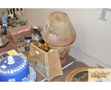 A 1930's fishing scene diorama lamp shade and a Kashmiri hide lamp