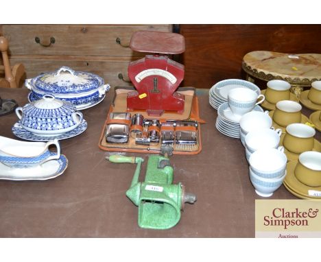 A set of vintage postal scales; an enamel mincer; a travelling shaving set etc.
