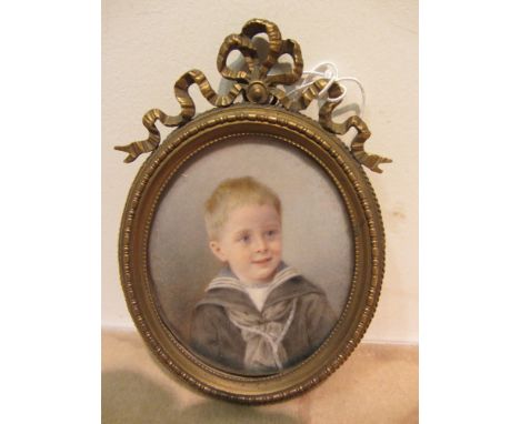 Jerome Girardier (French Active circa 1890): Portrait Miniature of Charlie Wright age 5, wearing a black tunic with blue and 