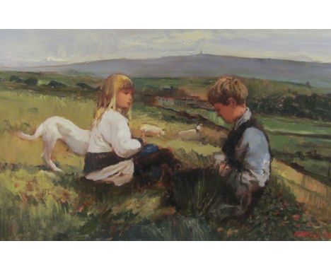 Bohuslav Barlow (Czech/British 1947-): 'Resting on the Caldervale Way' portrait of the artist's son and friend, oil on board 