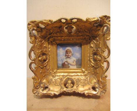 R Gurnell (active circa 1920-1955): Portrait Miniature of a Young Girl, wearing white bonnet and tunic with embroidered colla