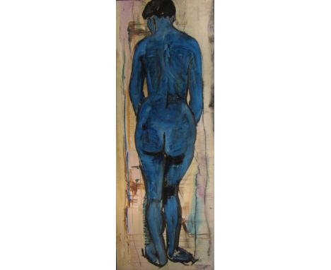 Padraig (Paddy) Macmiadhachain (Irish 1929-): 'Blue Female Nude', oil on board signed, titled verso with artist's address 'St